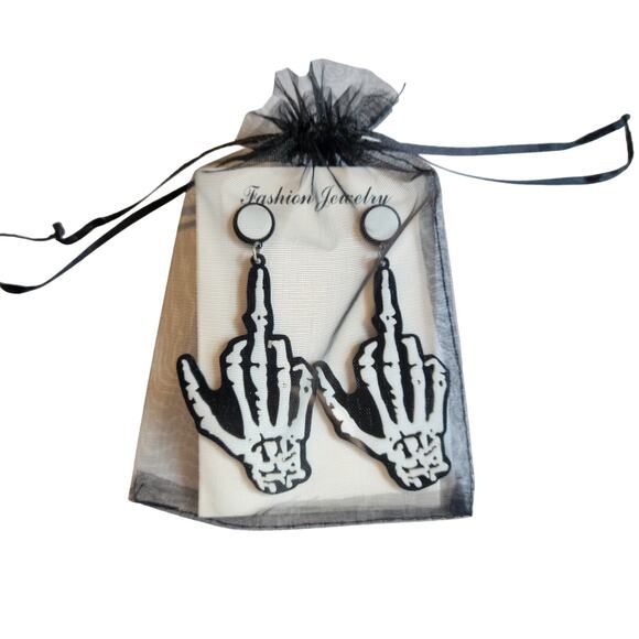 Skeleton Hand Earring Middle Finger Drop Statement Jewelry Punk Goth 3" NWT Edgy - Picture 6 of 7